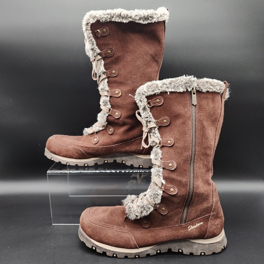 Skechers 10 Brown Suede Faux Fur Winter Boots Mid Calf Lace Up Zip Warm